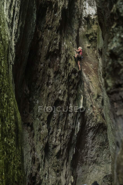 Людина піднімається в печері поблизу Віналеса Куби. — стокове фото