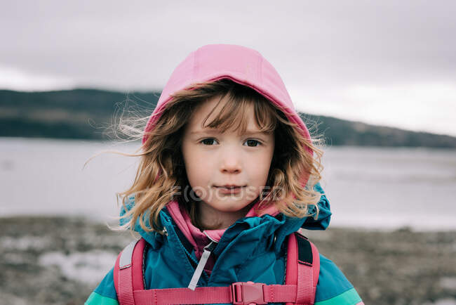 Close up portrait of young girl hiking in Sweden — Stock Photo