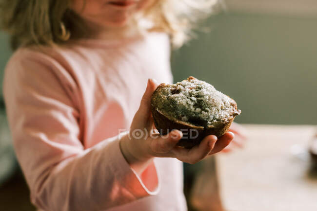 Ein rustikales süßes Frühstück mit Sauerteig-Blaubeer-Muffins und Kaffee. — Stockfoto