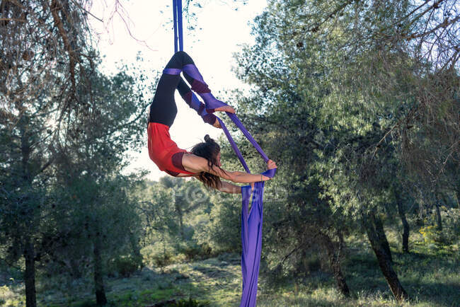 Jovencita acróbata. Practicando sedas aéreas. Mujer fuerte haciendo acrobacias de circo con ropa en el bosque. Posición Escorpio. - foto de stock