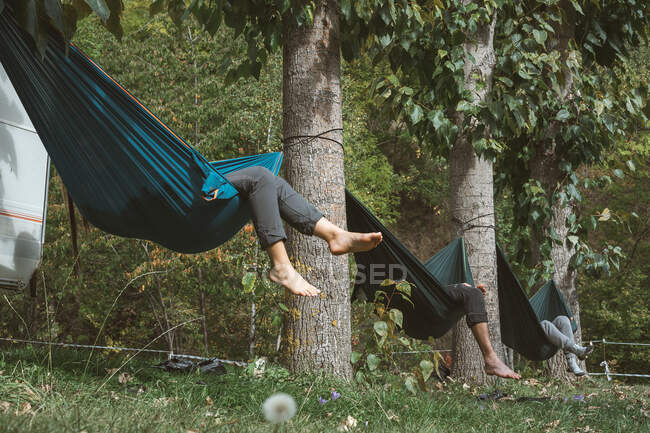 Freunde entspannen sich an einem sonnigen Tag in Hängematten an den Bäumen eines Campingplatzes. — Stockfoto