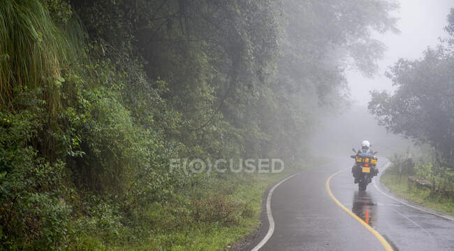 Woman riding touring motorbike through rain forest, Jujuy / Argentina — Stock Photo