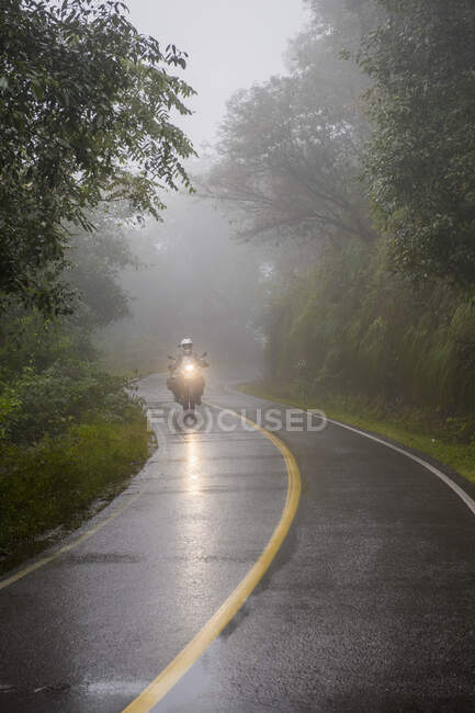 Frau fährt mit Tourenmotorrad durch Regenwald, Jujuy / Argentinien — Stockfoto
