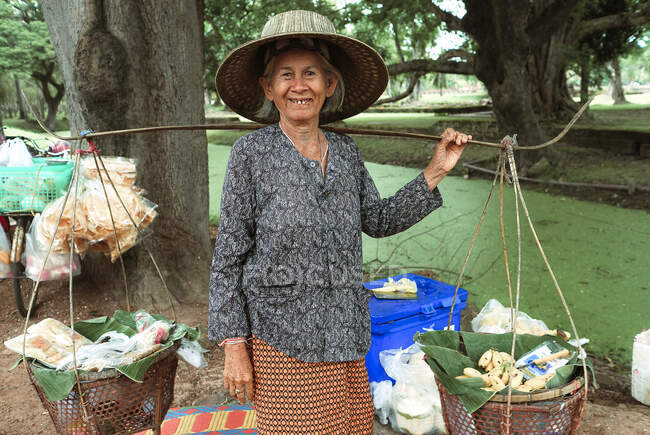 Retrato de una mujer tailandesa vendiendo comida callejera. - foto de stock