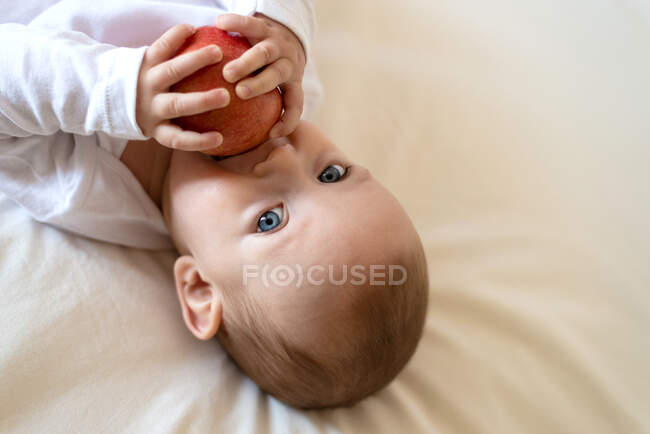 Bebé acostado sobre su espalda sosteniendo una manzana - foto de stock