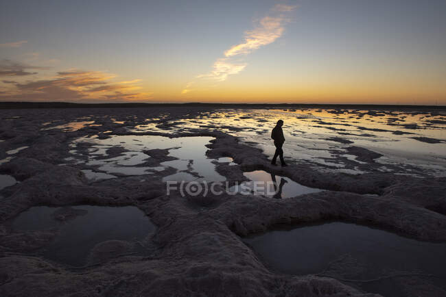Silhueta de uma pessoa caminhando por uma área de salinas ao pôr do sol — Fotografia de Stock