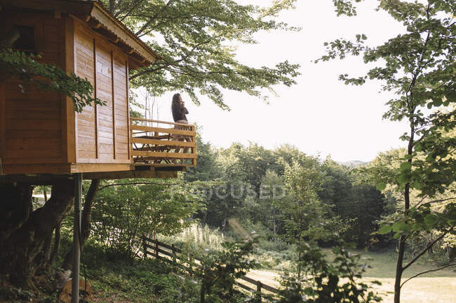Una donna in piedi sulla casa sull'albero balcone guardando paesaggio — Foto stock