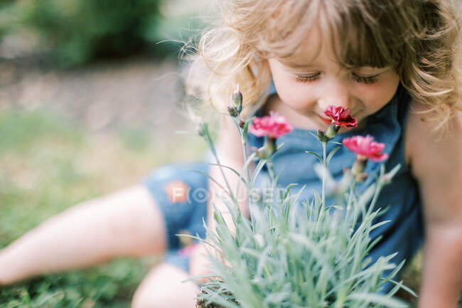 Petite fille tout-petit aidant sa mère à planter des fleurs de dianthus — Photo de stock