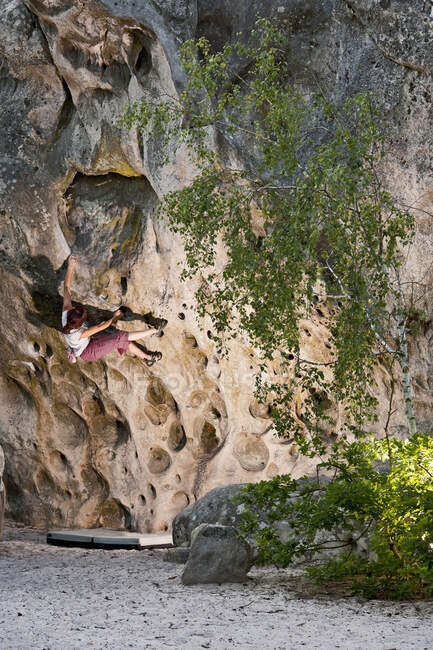 Giovane donna che bouldering nella foresta di Fontainebleau vicino a Parigi — Foto stock