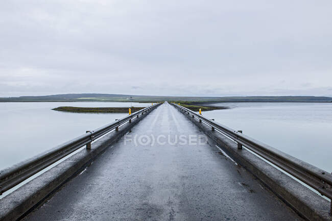 A vertical shot of a wooden bridge on a lake — Stock Photo