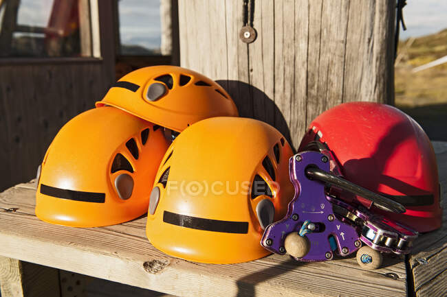Close up of climbing gear at high rope obstacle course — Stock Photo