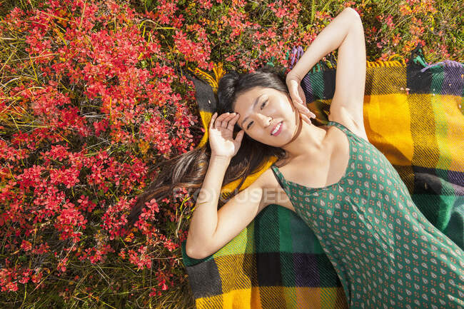 Hermosa mujer relajándose en la alfombra de picnic en el prado islandés - foto de stock