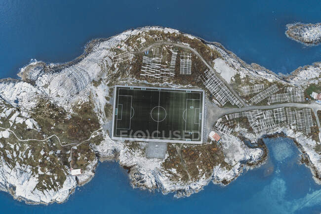 Fußballstadion Lofoten Norwegen, Luftaufnahme — Stockfoto