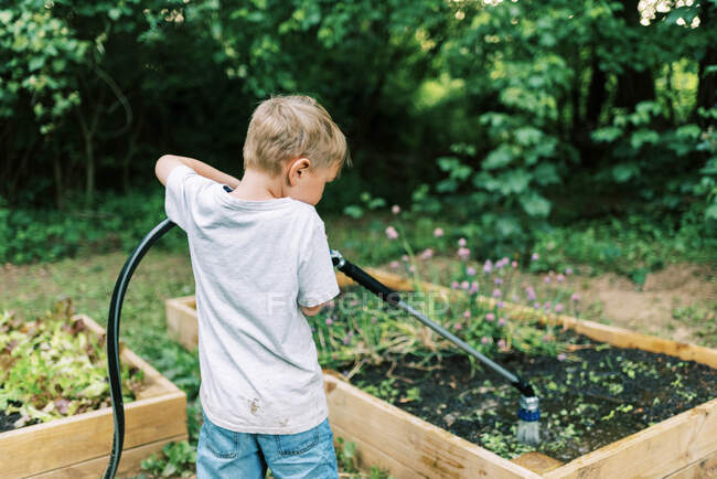 Ein kleiner Junge beim Gießen der Gemüsegärten — Stockfoto