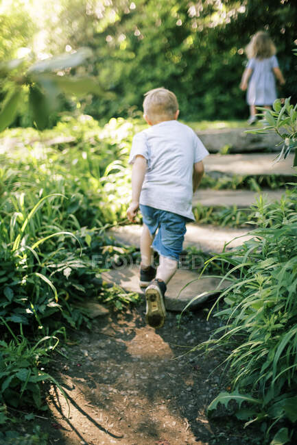Двое детей бегут по каменным ступеням в природном парке — стоковое фото