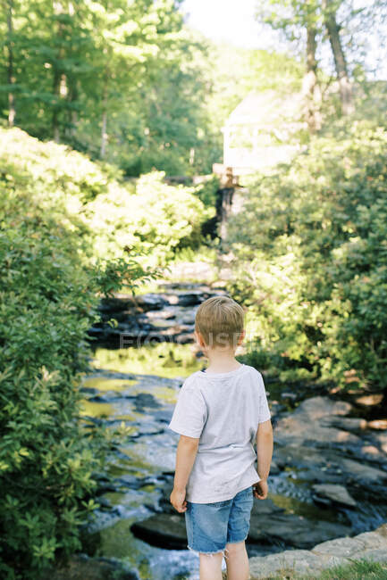 Un enfant de cinq ans qui prend la vue d'une cascade sur des rochers — Photo de stock