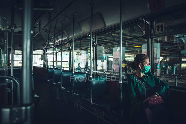 Woman Riding Alone Looking Out Window in a Street Car Belgrade, Serbia — Stock Photo