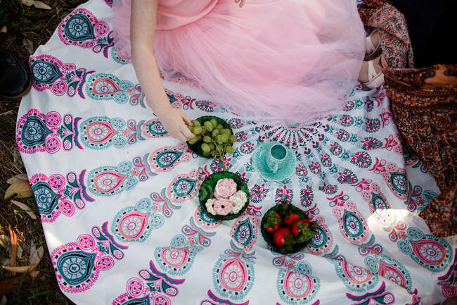 Piccolo picnic da vicino di cibo e coperta — Foto stock