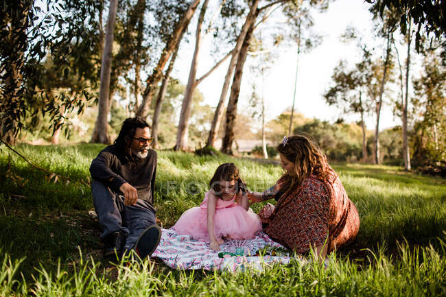 Тётя, дядя и племянница устраивают пикник в поле. — стоковое фото