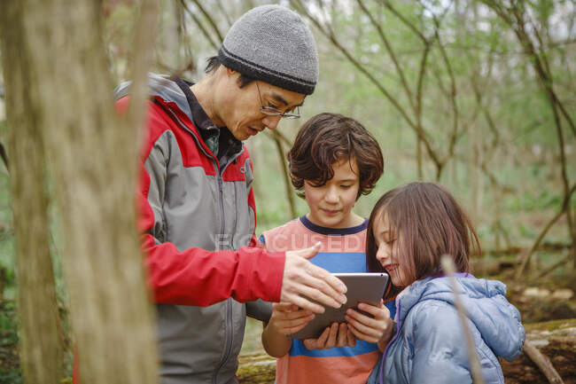 Um pai e as crianças olham para um tablet no passeio na floresta na primavera — Fotografia de Stock
