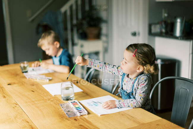 Deux frères et sœurs qui colorient ensemble un jour d'école à la maison — Photo de stock