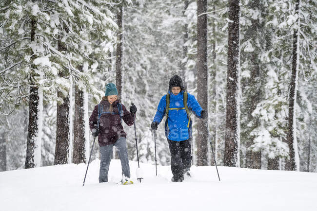 Homem preto e mulher branca cruzar esqui país na floresta — Fotografia de Stock