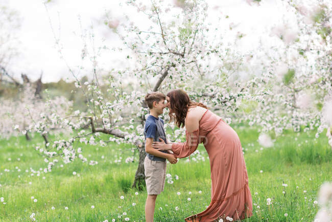 Мать с сыном в цветущем яблоневом саду в Новой Англии — стоковое фото