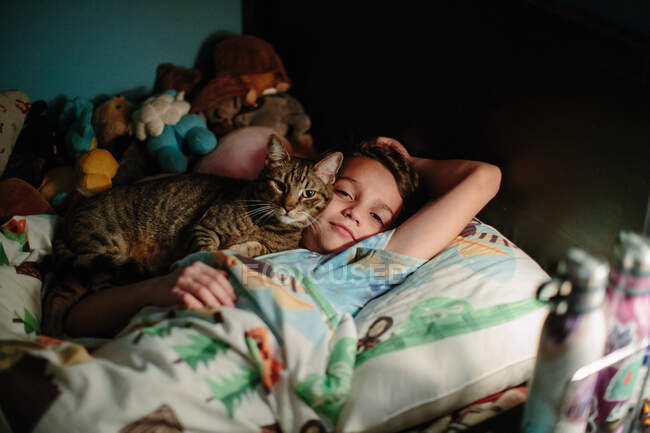 Brown gato tabby aconchega-se agains a bochecha de seu humano de dez anos de idade — Fotografia de Stock