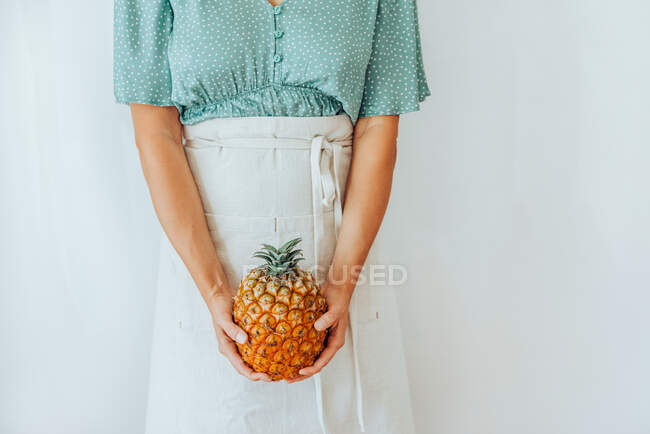 Portrait of beautiful young woman posing with pineapple — Stock Photo