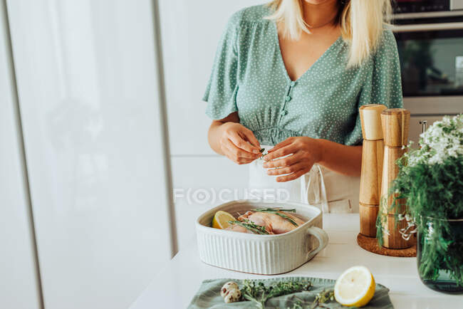 Manos femeninas sosteniendo el tomillo para sazonar la comida - foto de stock