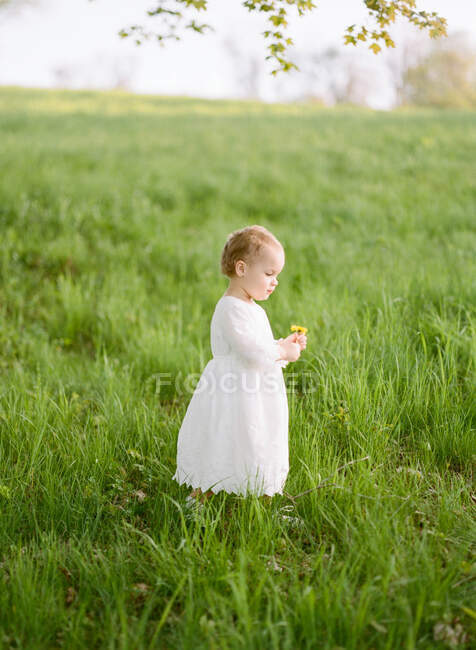 An analog film portrait of a girl picking flowers in a whimsical dress — Stock Photo