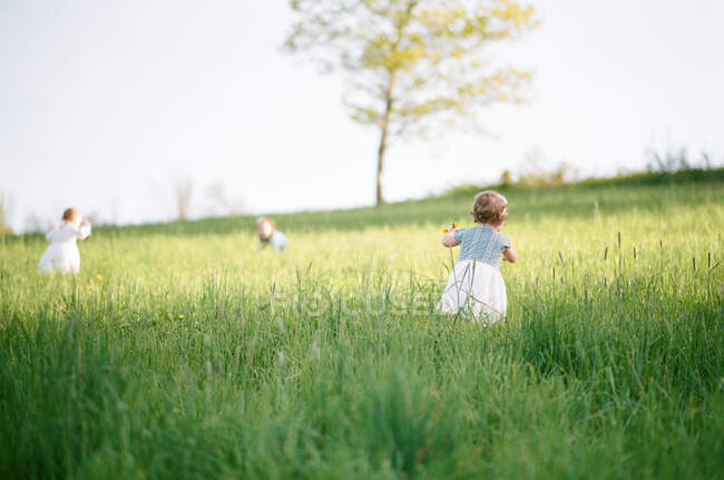 Una fotografía analógica de niñas corriendo hacia un árbol - foto de stock