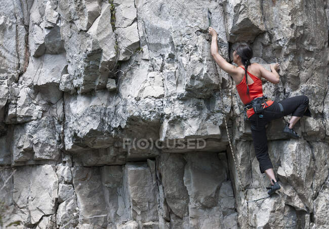 Frau klettert Kalksteinfelswand in Swanage / UK — Stockfoto