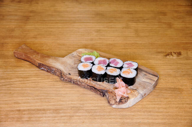 Close up of Japanese cuisine on wooden board — Stock Photo