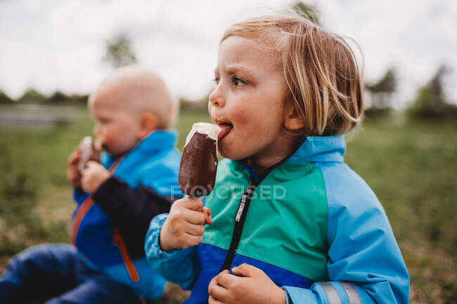 Jovens meninos olhando para lado lambendo sorvete de picolé de chocolate — Fotografia de Stock