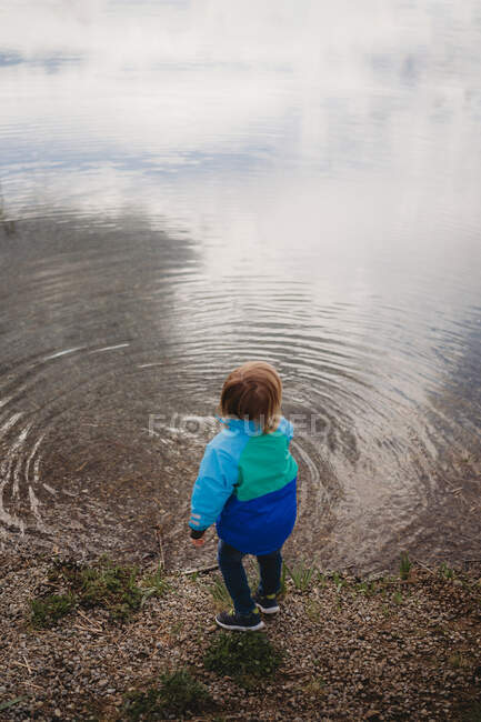 Rückansicht eines männlichen Kindes, das das Wasser eines Sees in einem Park betrachtet — Stockfoto