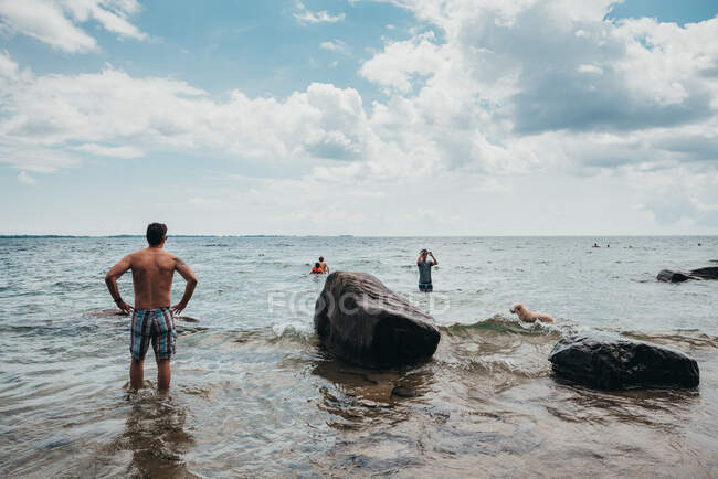 Семья охлаждается в воде озера Онтарио в жаркий летний день. — стоковое фото