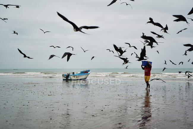 Pescador camina llevando caja de pescado - foto de stock
