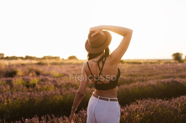 Giovane donna bruna con cappello in campo lavanda — Foto stock