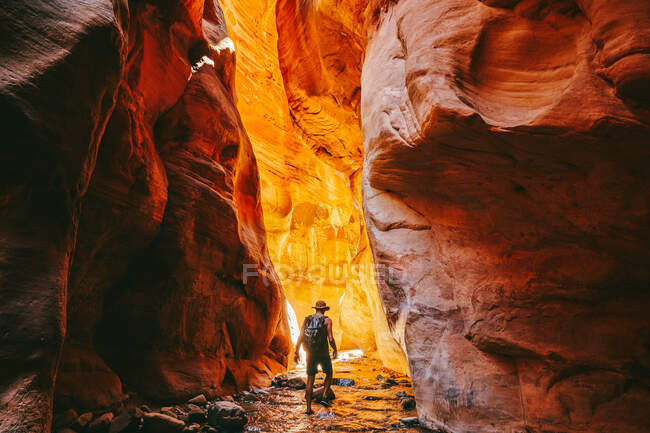 Vue arrière du jeune homme dans le canyon de fente — Photo de stock