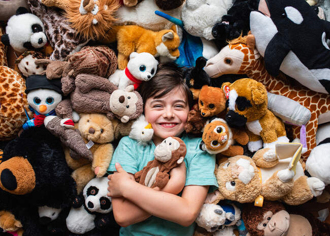 Счастливый мальчик в окружении своих плюшевых животных, застреленных сверху. — стоковое фото