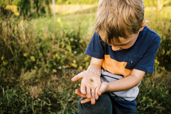 Un garçon tenant un rampant de prairie — Photo de stock
