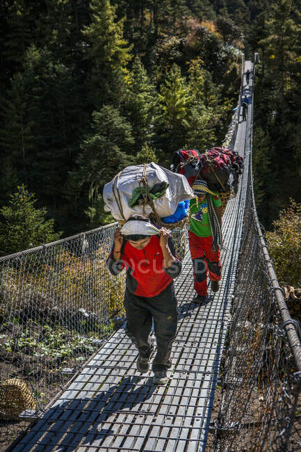 I portatori trasportano l'attrezzatura attraverso un ponte sul sentiero per il Monte Everest. — Foto stock