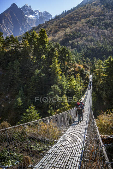 Porters transportam equipamento através de uma ponte na trilha para o Everest Base Camp. — Fotografia de Stock