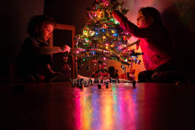 Hermanos decorando su árbol de Navidad por la noche - foto de stock