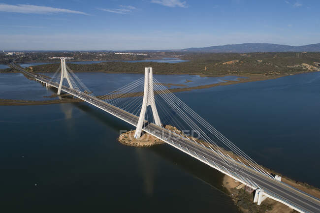 Beautiful aerial drone view over the river and bridge — Stock Photo