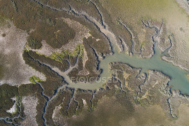 Vue aérienne de la terre, de la surface du fleuve, de la côte de la mer. — Photo de stock