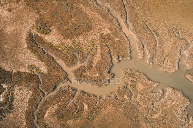 Vue aérienne de la terre, de la surface du fleuve, de la côte de la mer. — Photo de stock