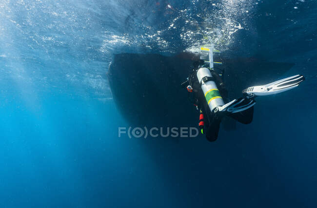 Buceador acercándose a barco de buceo en la gran barrera de coral - foto de stock