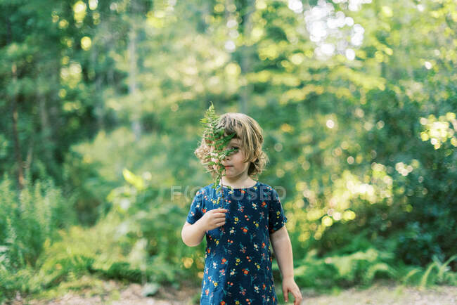 Bambino di due anni che gioca con una foglia di felce nel bosco — Foto stock
